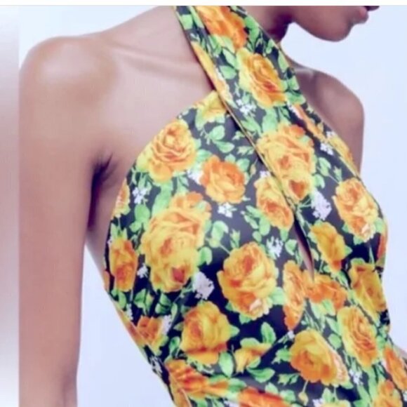Zara NWT Women's Yellow Multi Floral Cross Twist Neck Halter Top Bodysuit Small - Picture 1 of 14